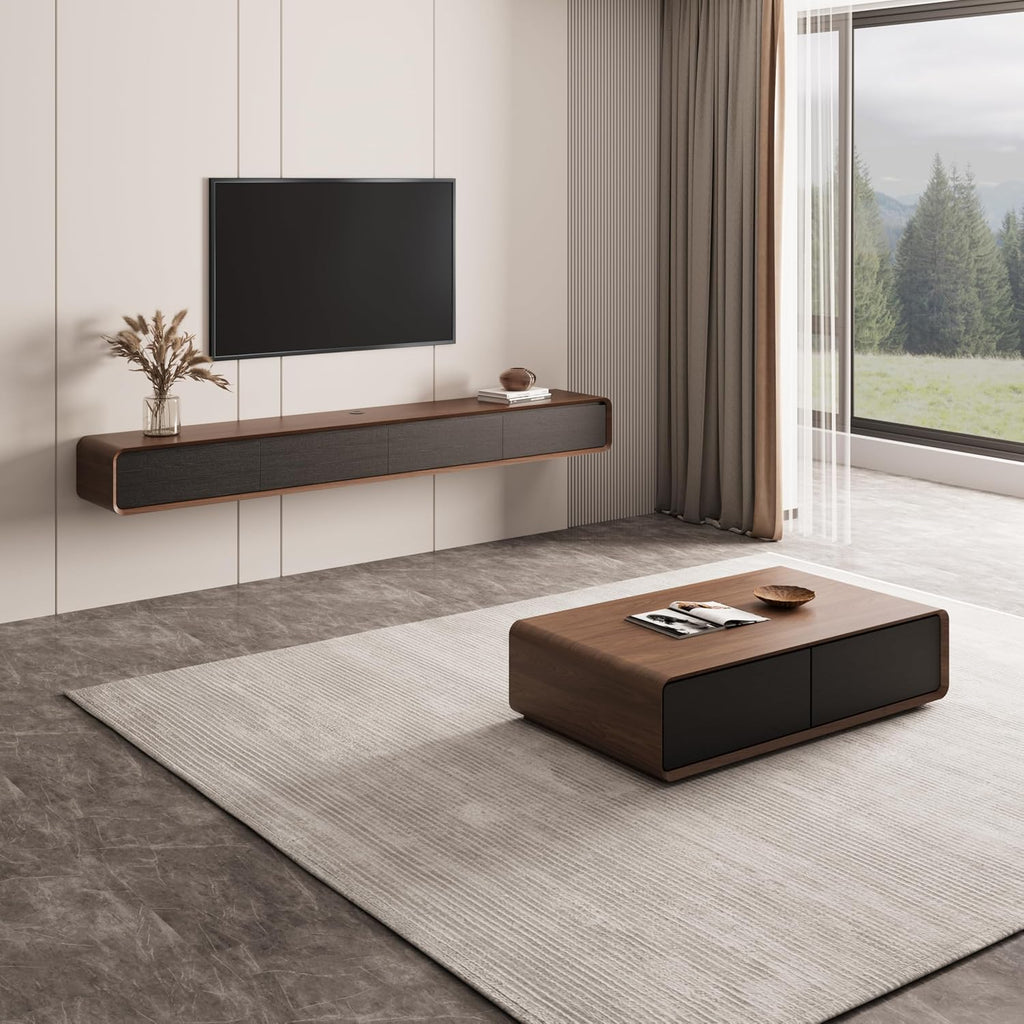 POVISON Modern Coffee Table for Living Room, 51 inch Square Coffee Table with Storage, 4-Drawers Wood Table, Full-Assembled, Walnut and Black
