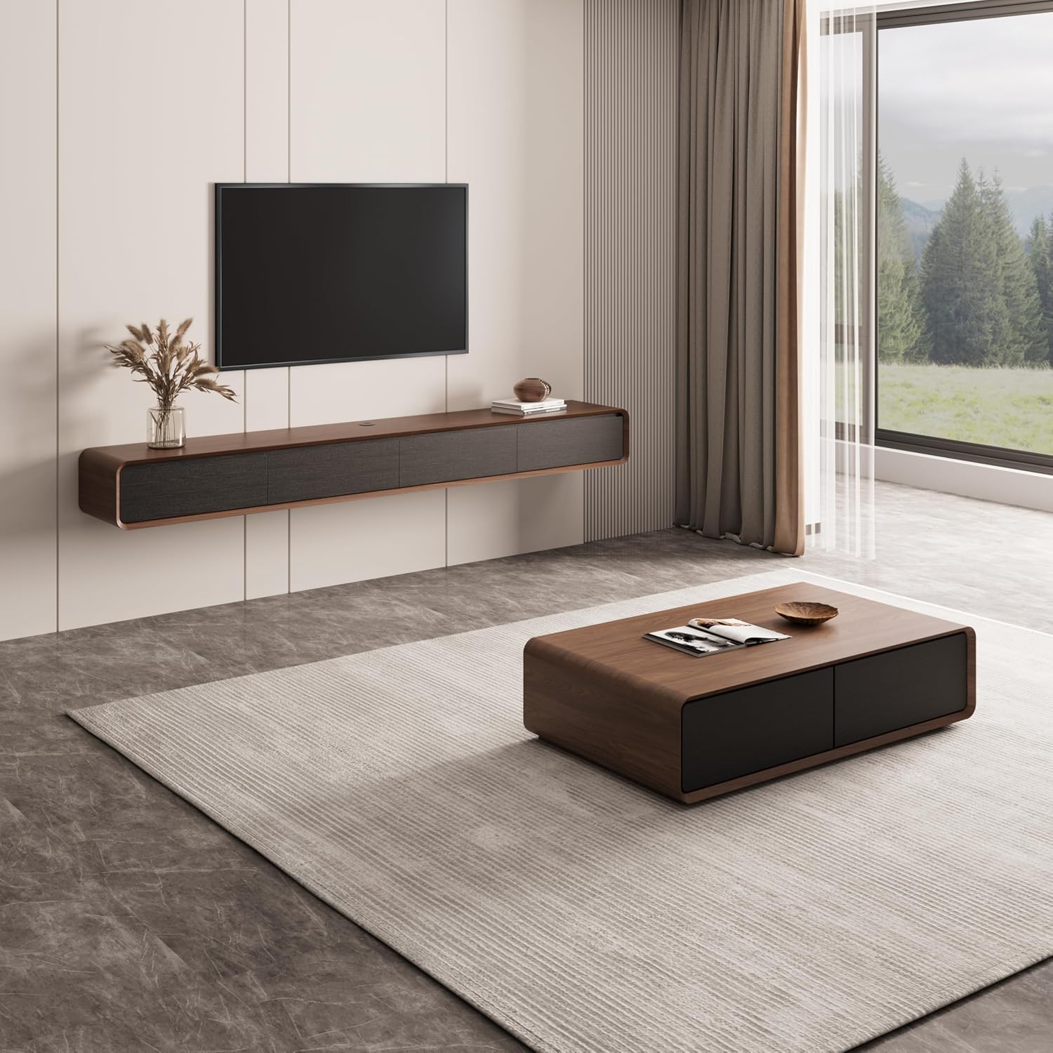 POVISON Modern Coffee Table for Living Room, 51 inch Square Coffee Table with Storage, 4-Drawers Wood Table, Full-Assembled, Walnut and Black