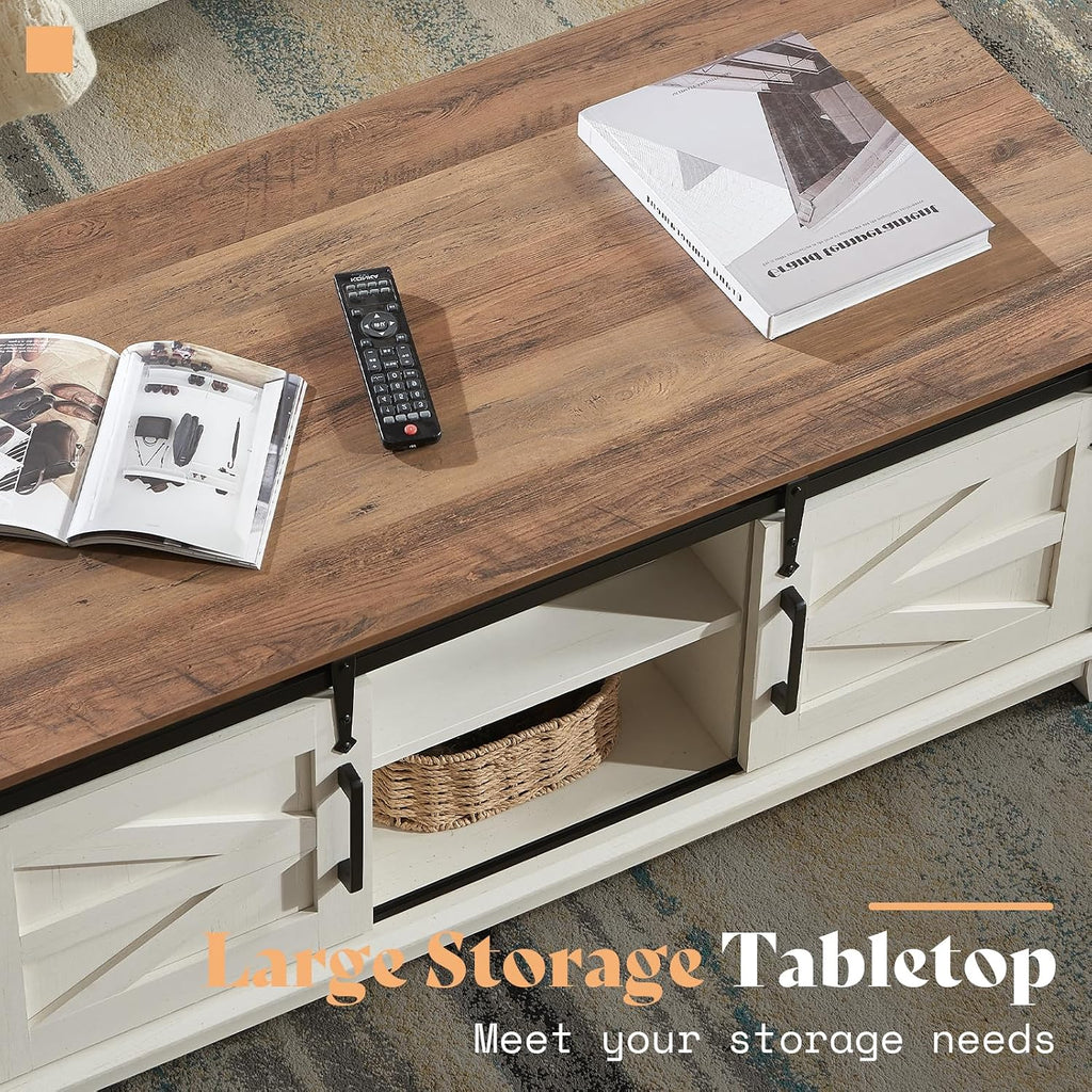 AMERLIFE 3-Piece Farmhouse Living Room Table Set - Coffee Table with Sliding Barn Doors & End Table Set of 2 with Charging Station and Storage Drawers, Rustic White