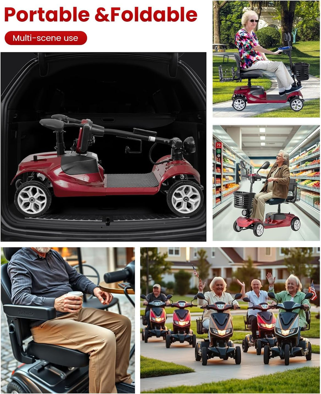 4 Wheel Mobility Scooter for Adults, All-Terrain Portable Electric Scooter, Folding Mobility Scooter with Adjustable Seat, 350W Motor, 12.5 Miles Range, Max Speed 5 Mph (Red)