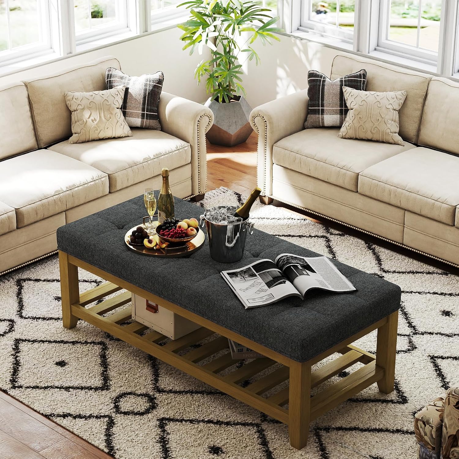 Befurtori Large Rectangular Upholstered Ottoman Bench, Linen Tufted Footrest Ottoman with Solid Wood Shelf Storage Coffee Table for Bedroom Living Room, Dark Gary