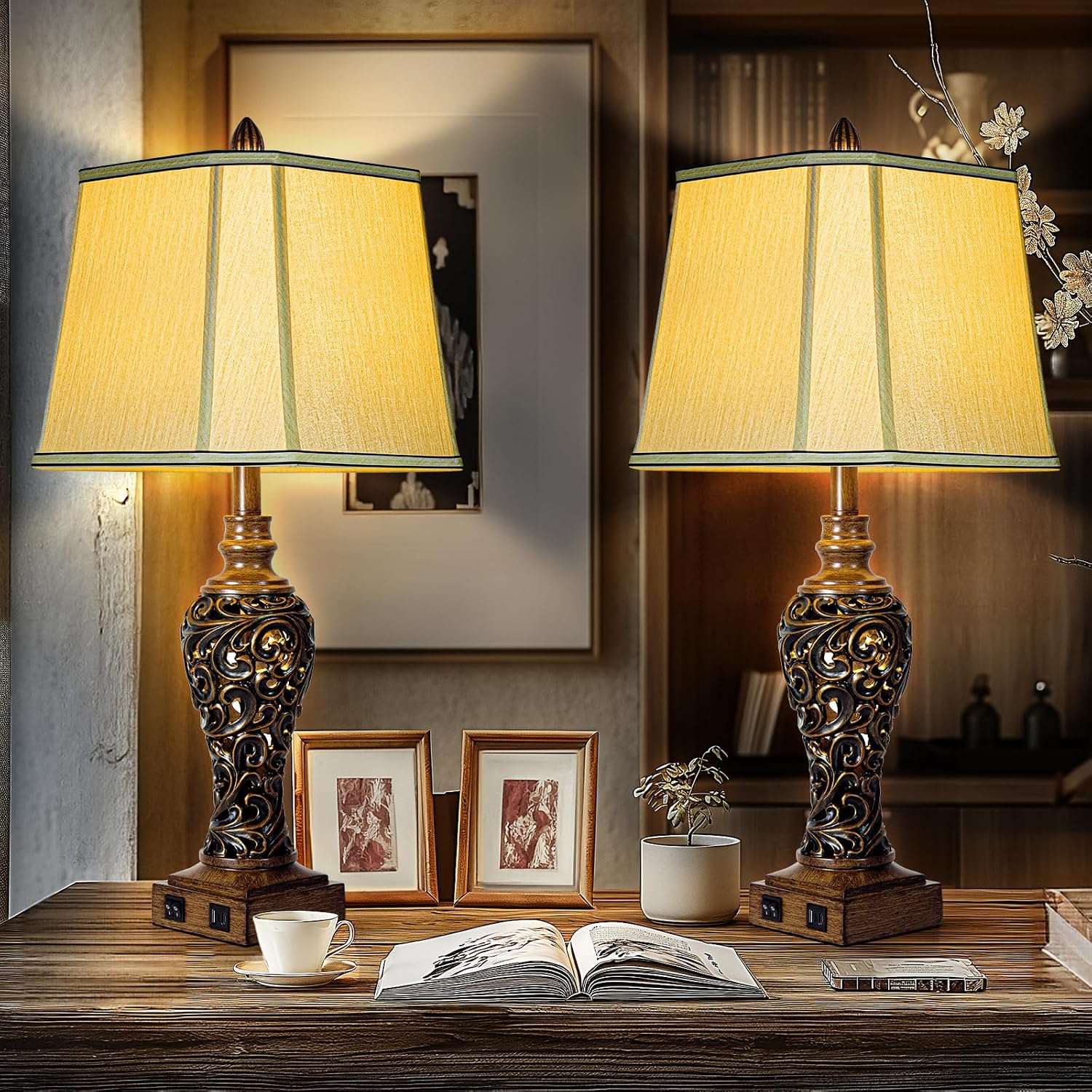 28.5'' Tall Farmhouse Vintage Table Lamp Set of 2 with Faux Silk Shade USB Ports Nightlight Decor for Bedside Living Room Bedroom Nightstands Office Home, Dark Bronze(Bulbs Included)