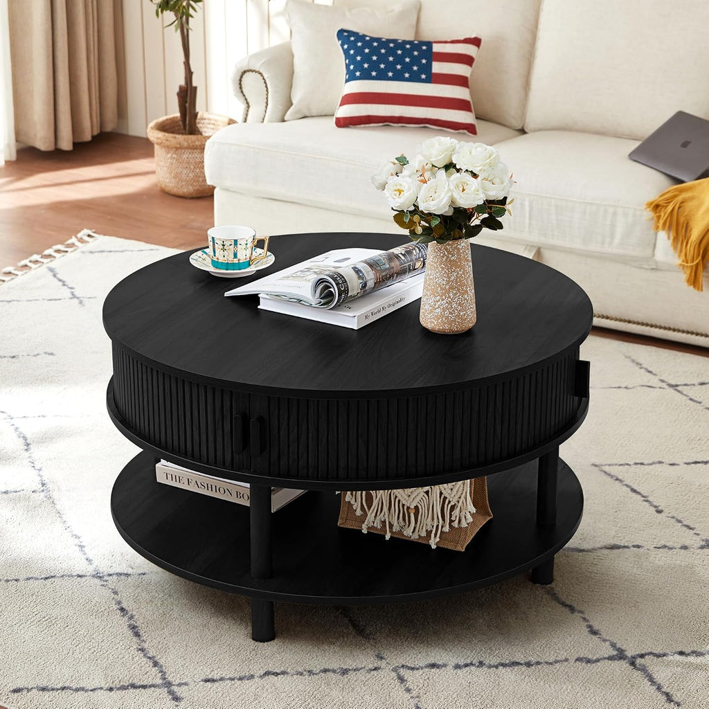 RARZOE 31.5' Round Coffee Table with Storage, Wood Circle Coffee Table with Sliding Cabinet Doors, Fluted Dining Table Accent Center Table for Living Room Home Office Apartment, Black