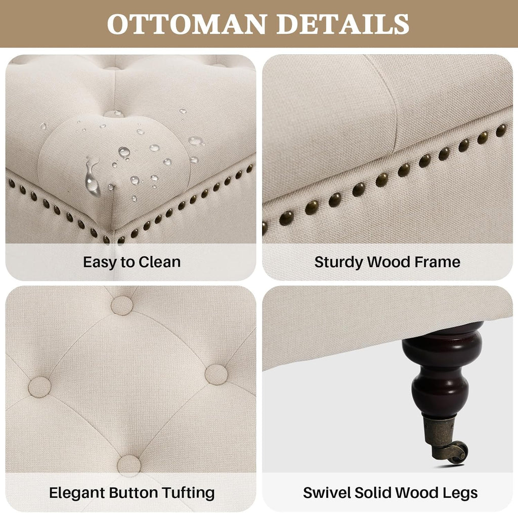 Square Storage Ottoman Coffee Table Tufted Upholstered Large Ottoman with Storage and Rolling Wheels Oversized Footrest Ottomans for Living Room, Beige Linen