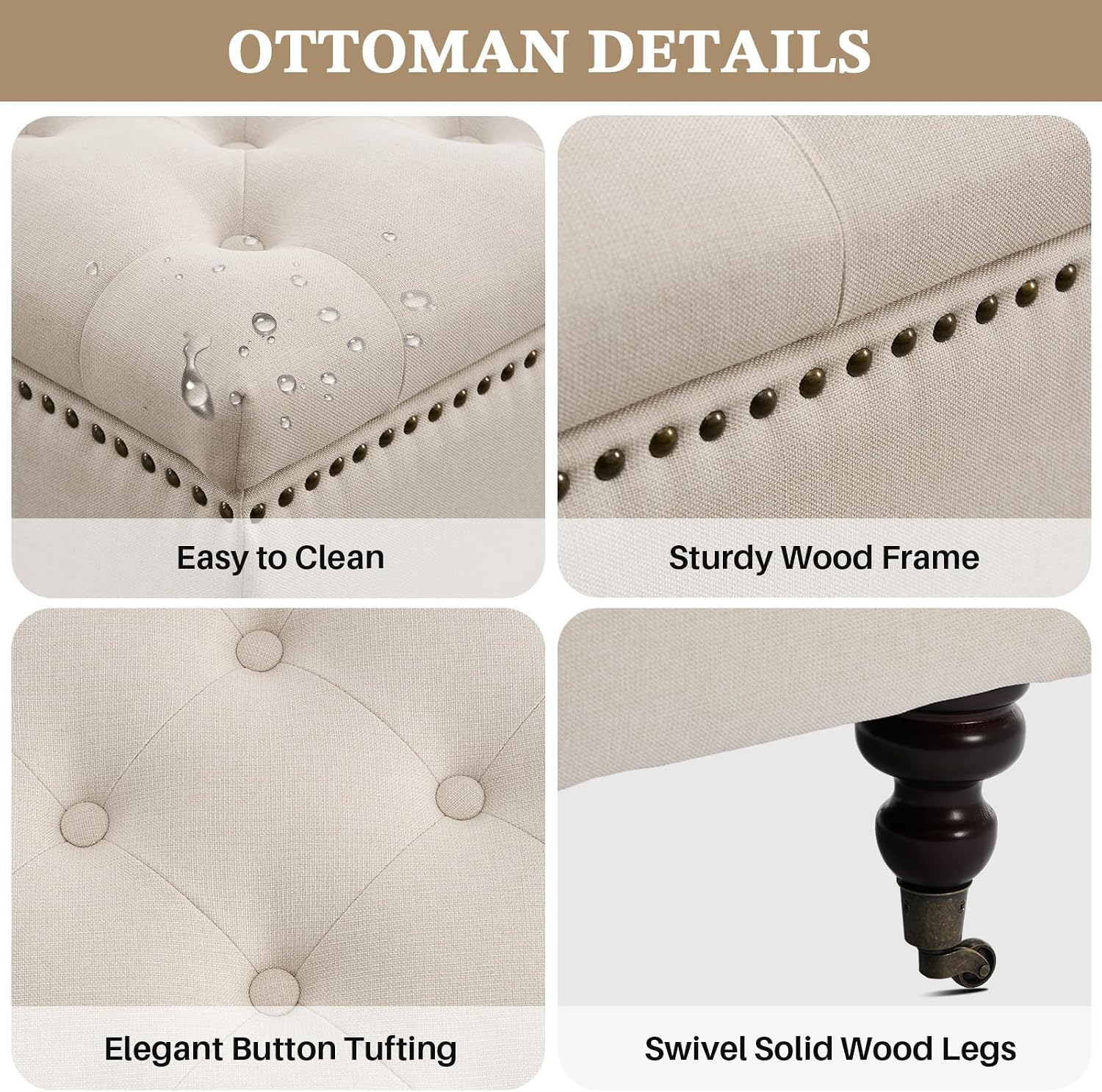 Square Storage Ottoman Coffee Table Tufted Upholstered Large Ottoman with Storage and Rolling Wheels Oversized Footrest Ottomans for Living Room, Beige Linen