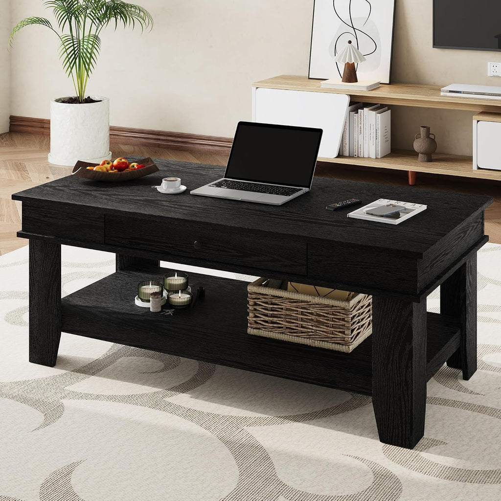 Takywep Rectangular Coffee Table with Drawer and Open Shelf, Long Center Table for Living Room, Rustic Finish, Stable Four Leg Structure, Easy to Clean Surface, Heavy Duty Storage Design, Black