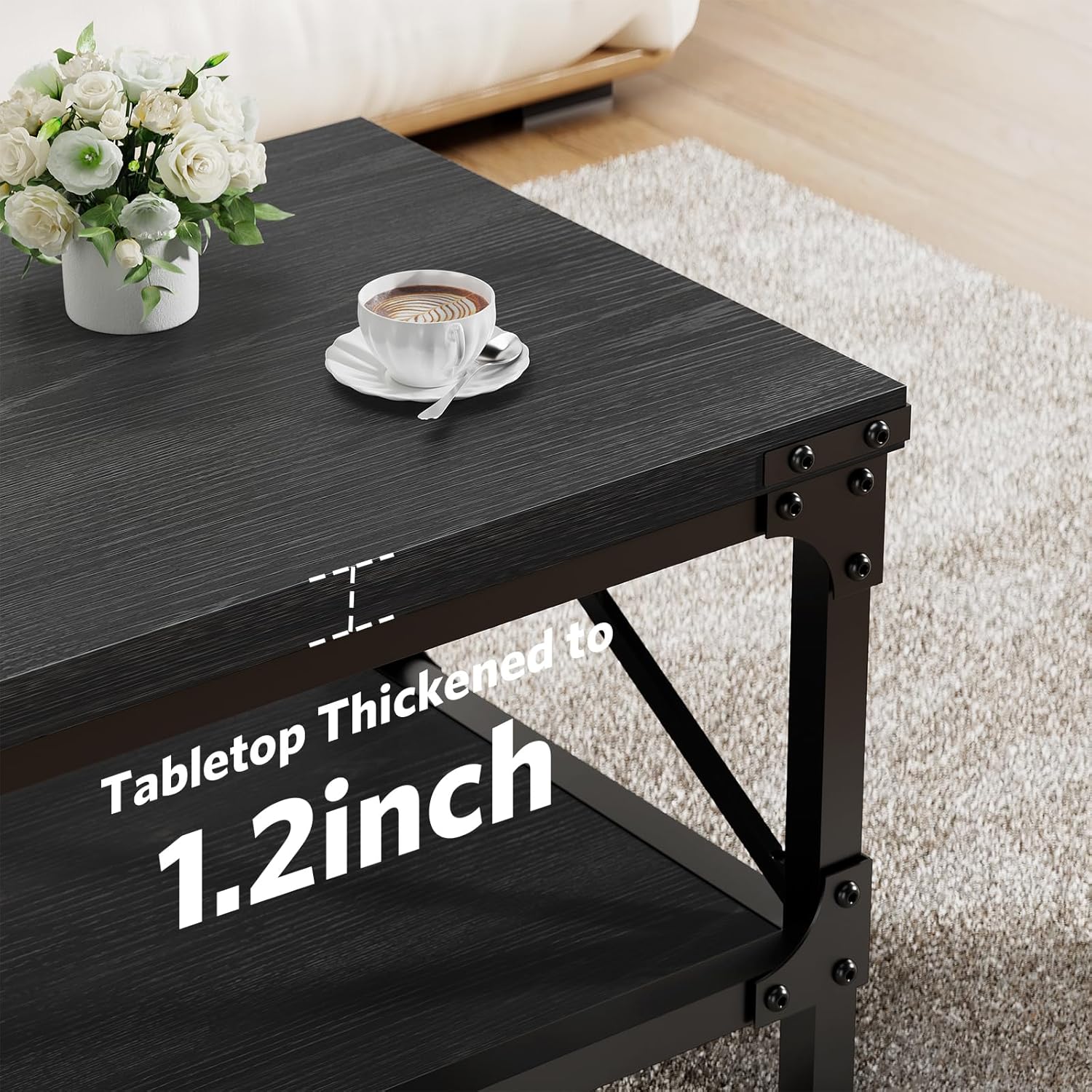 Rectangle Coffee Tables for Living Room, Wood Rectangular Coffee Table, 2 Tier Industrial Modern Center Table with Thickened Tabletop and Metal Frame, 40 inch Long (Black)
