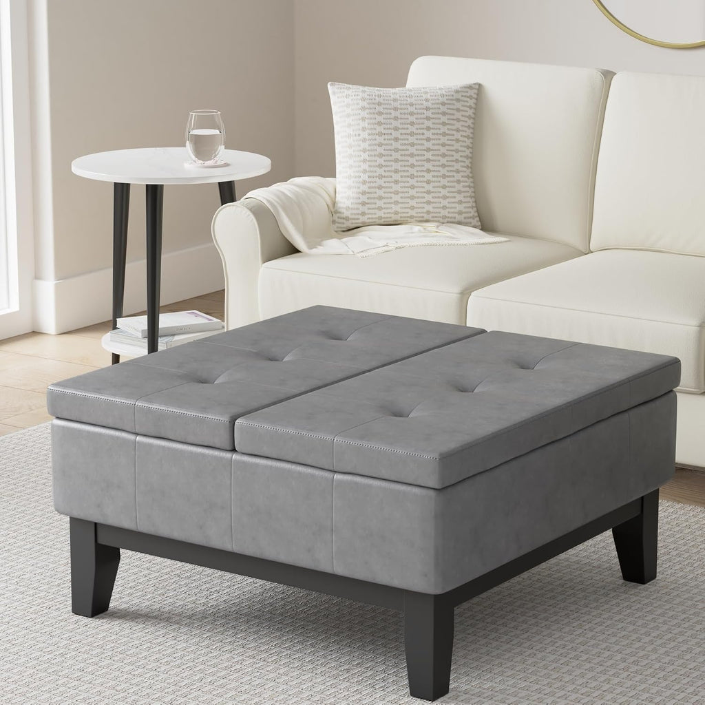SIMPLIHOME Dover 36 inch Wide Contemporary Square Coffee Table Storage Ottoman in Stone Grey Vegan Faux Leather, Assembled, For the Living Room and Bedroom