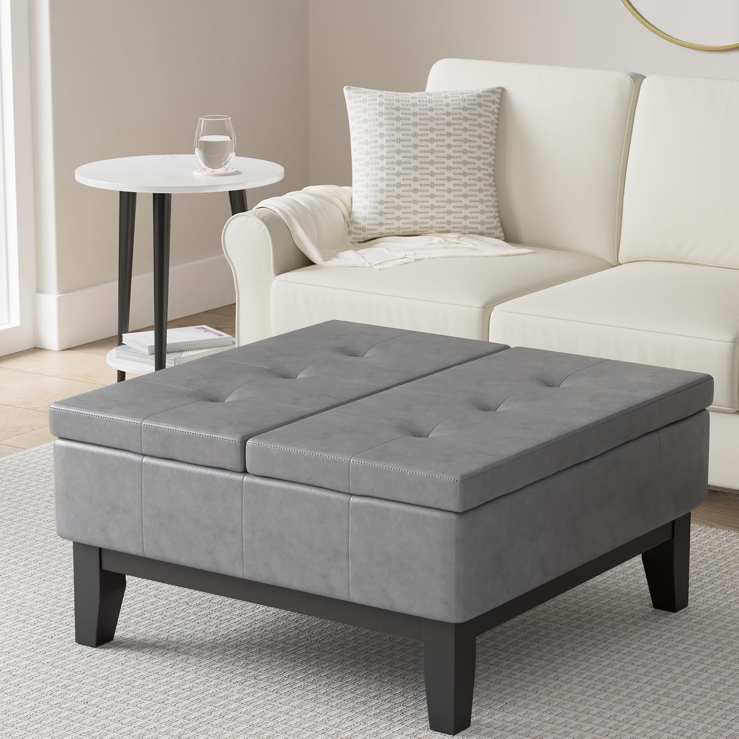 SIMPLIHOME Dover 36 inch Wide Contemporary Square Coffee Table Storage Ottoman in Stone Grey Vegan Faux Leather, Assembled, For the Living Room and Bedroom