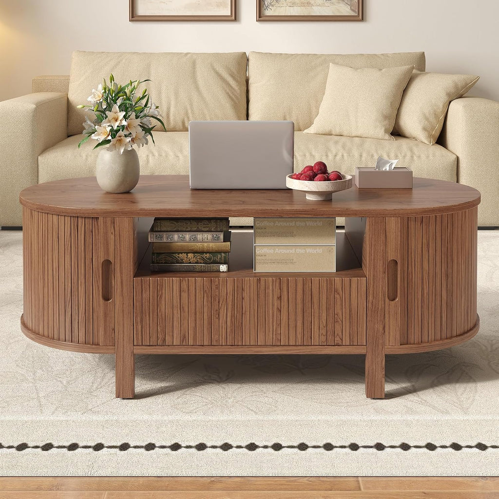 47.2' Fluted Coffee Table, Oval Coffee Table with 1 Drawer and 1 Open Shelf, Mid-Century Modern Center Tables with Storage and Sliding Doors, Coffee Tables for Living Room, Walnut