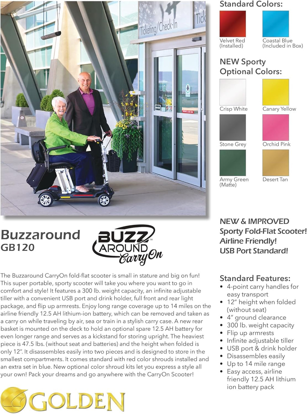 Golden Technologies Buzzaround CarryOn Manual Folding Travel Mobility Scooter - Folds to 12' - Airline Approved 12.5 ah Lithium Battery - 47.5 lbs. Without The Seat and Battery (Red/Blue)