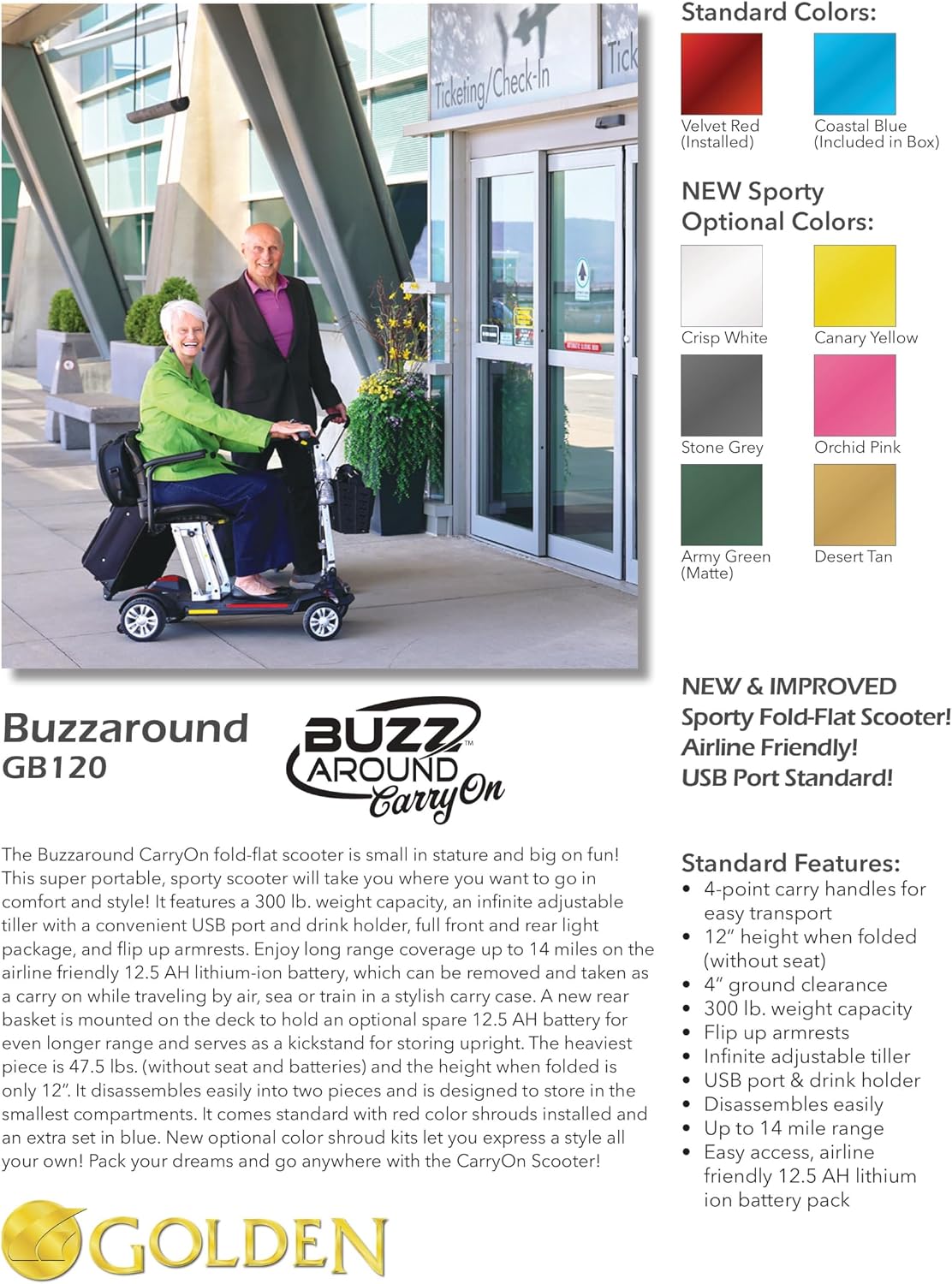 Golden Technologies Buzzaround CarryOn Manual Folding Travel Mobility Scooter - Folds to 12' - Airline Approved 12.5 ah Lithium Battery - 47.5 lbs. Without The Seat and Battery (Red/Blue)
