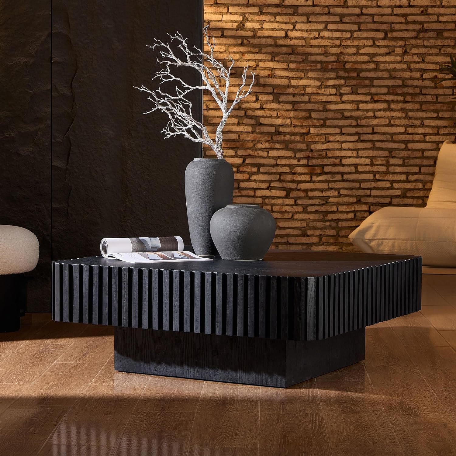 35.43'' Square Coffee Table for Living Room Fluted Coffee Table Modern Center Table with Pedestal for Apartment Black