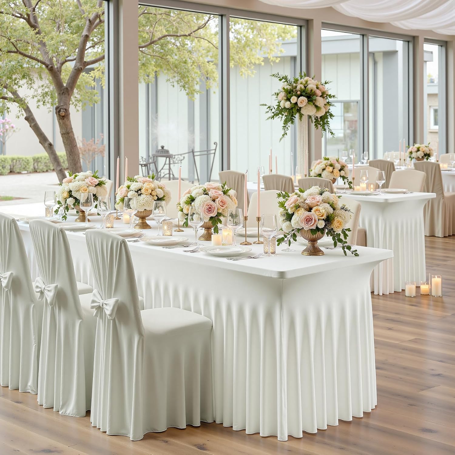 6 pk Ivory Spandex Tablecloth 6ft with Ruffle Skirts,Wrinkle Free High Stretch Cream Fitted Tablecloths for 6 Foot Rectangle Tables,Elastic Spandex Table Covers 6 ft for Parties Weddings Banquet