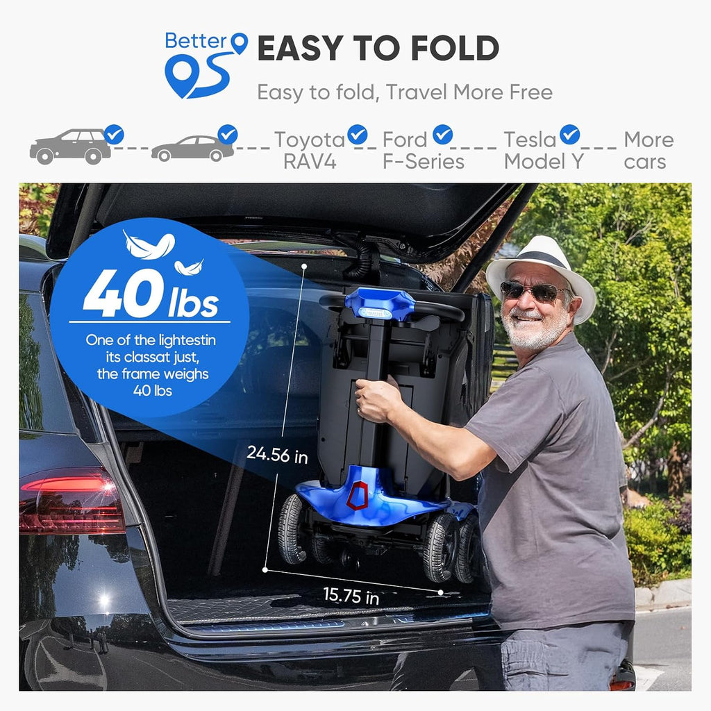 Auto-Folding Mobility Scooters for Adults & Seniors,40 lbs Lightweight Foldable & Portable 4 Wheel Electric Scooter, Remote Control/Manual Folding Power Scooter 14 Mile Range, 275 lbs Capacity Bule