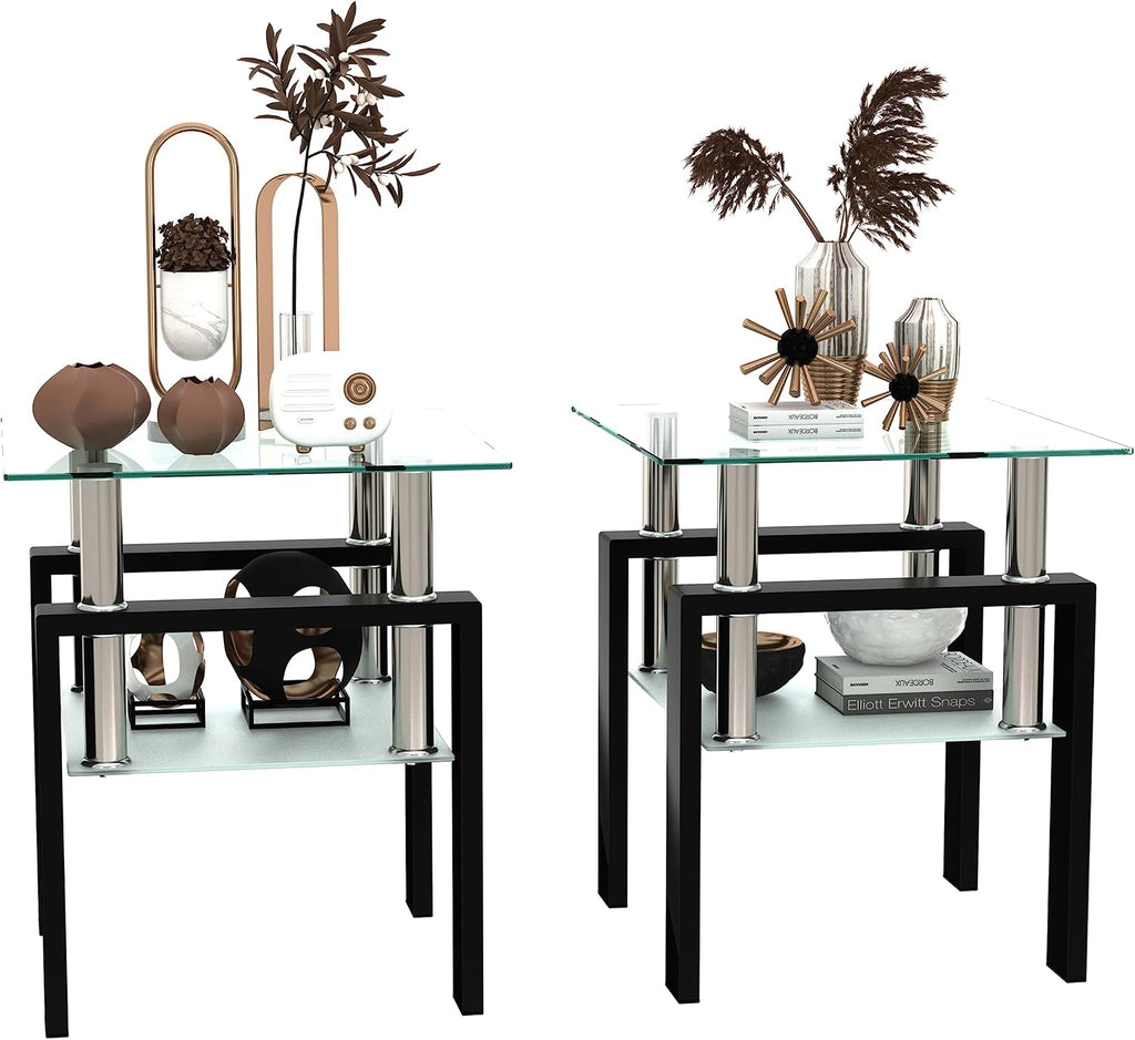 Living Room Tables Set,3 Piece Glass Coffee Table and End Tables Set for Living Room, Coffee Table Set with Tempered Glass Tabletop and Metal Frame for Apartment, Small Space, Black