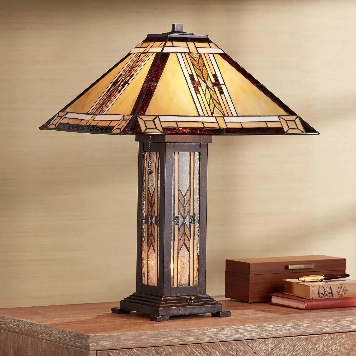 Franklin Iron Works Drake Mission Collection 25 1/2' High Tiffany-Style Farmhouse Rustic Southwestern Table Lamp Night Light Pull Chain Yellow Brown Art Glass Single Living Room Bedroom Bedside