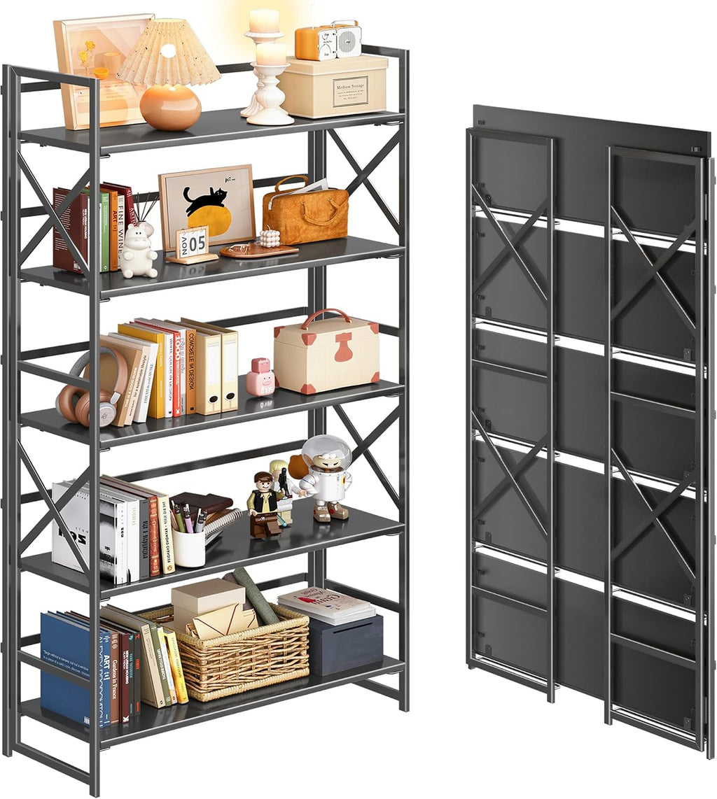 4NM Extra Wide 5 Tiers No Assembly Book Shelves, 51.2' H Folding Bookshelf Bookcase Open Industrial Foldable Shelves for Bedroom, Living Room, Home Office - All Black
