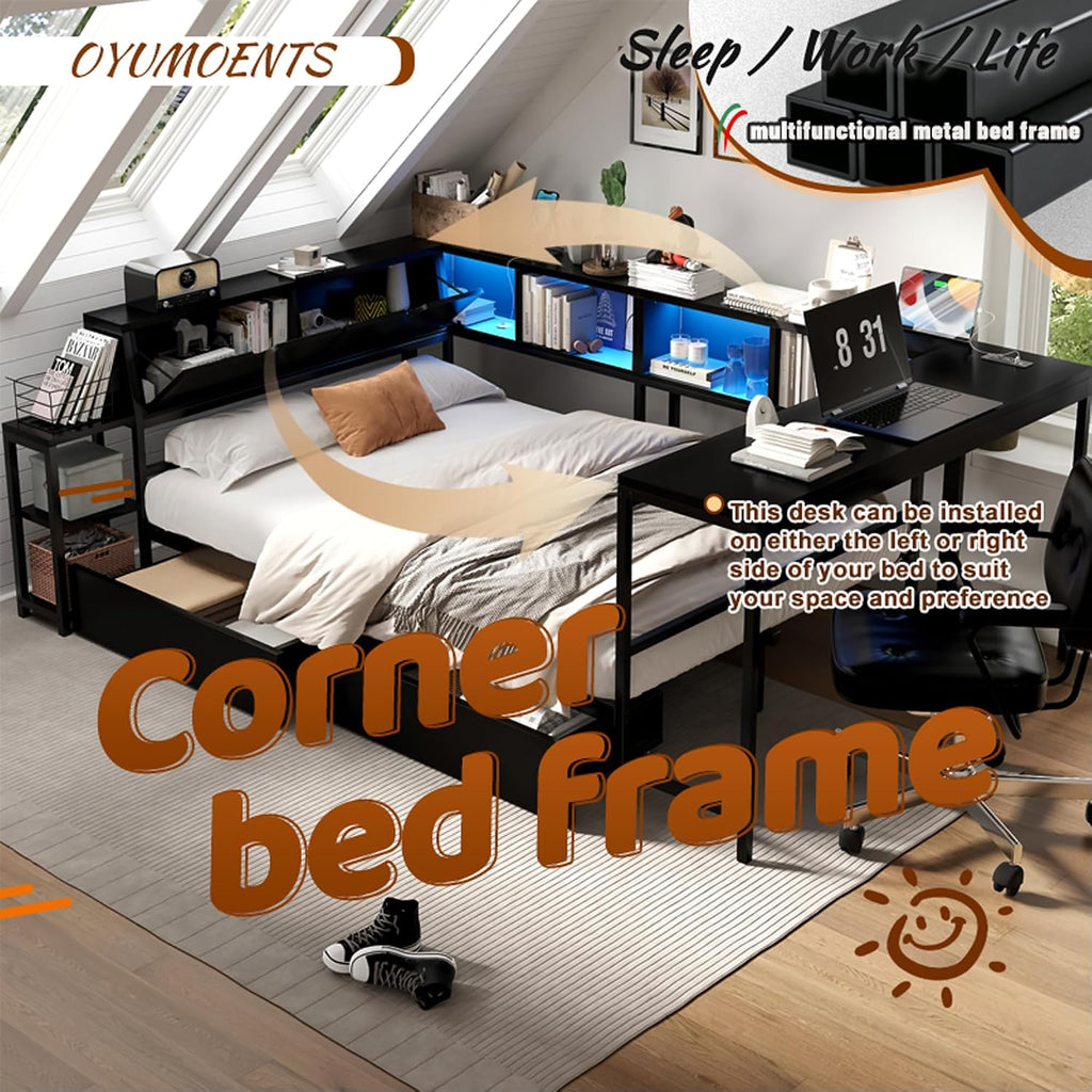 Full Size Corner Bed Frame with Desk & Charging Station, Full Corner Daybed with Storage Drawers, LED Light and 6 Bookcase, Metal Corner Bed Frame Full for Living Room Bedroom Guest Room, Black