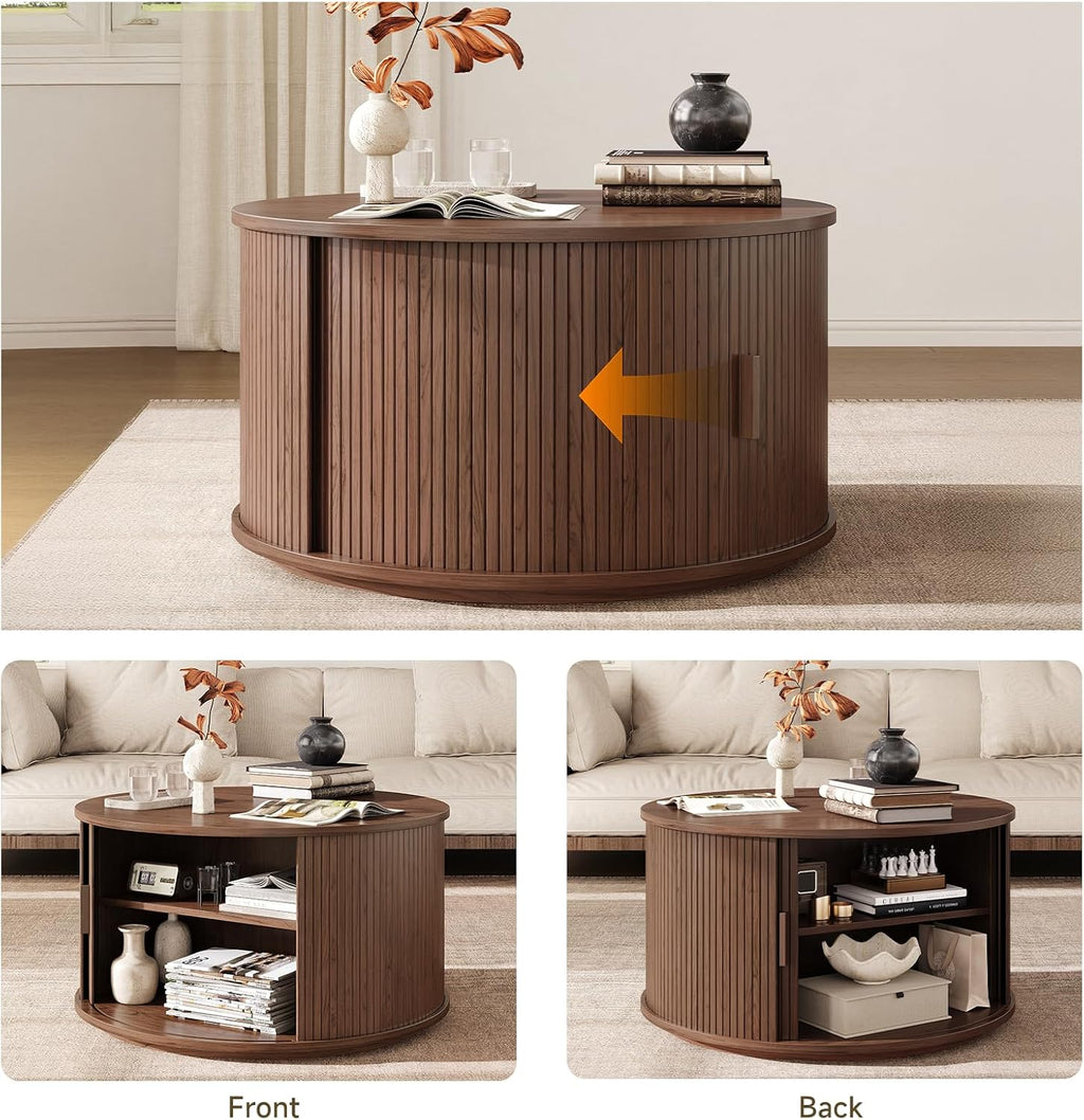 ONBRILL Round Coffee Table with Storage, 31.5' Mid Century Modern Center Table with Sliding Door & Dual Hidden Storage, Fluted Accent Coffee Table for Living Room, Small Space, Walnut