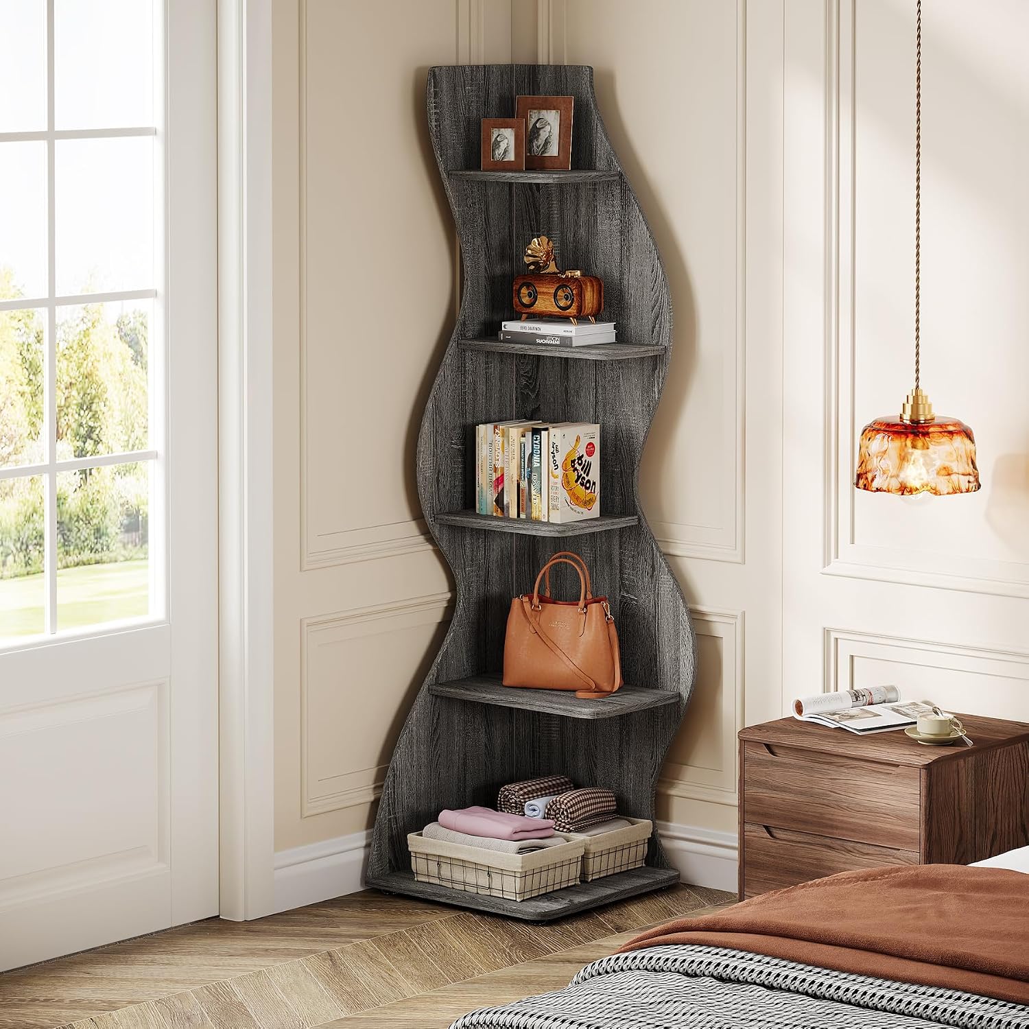 Tribesigns Wavy Corner Shelf Set of 2, Modern 5-Tier Bookshelf Etagere Bookcase with Curvy Shape, Unique Plant Stand Display Shelf for Living Room Small Space (Gray)