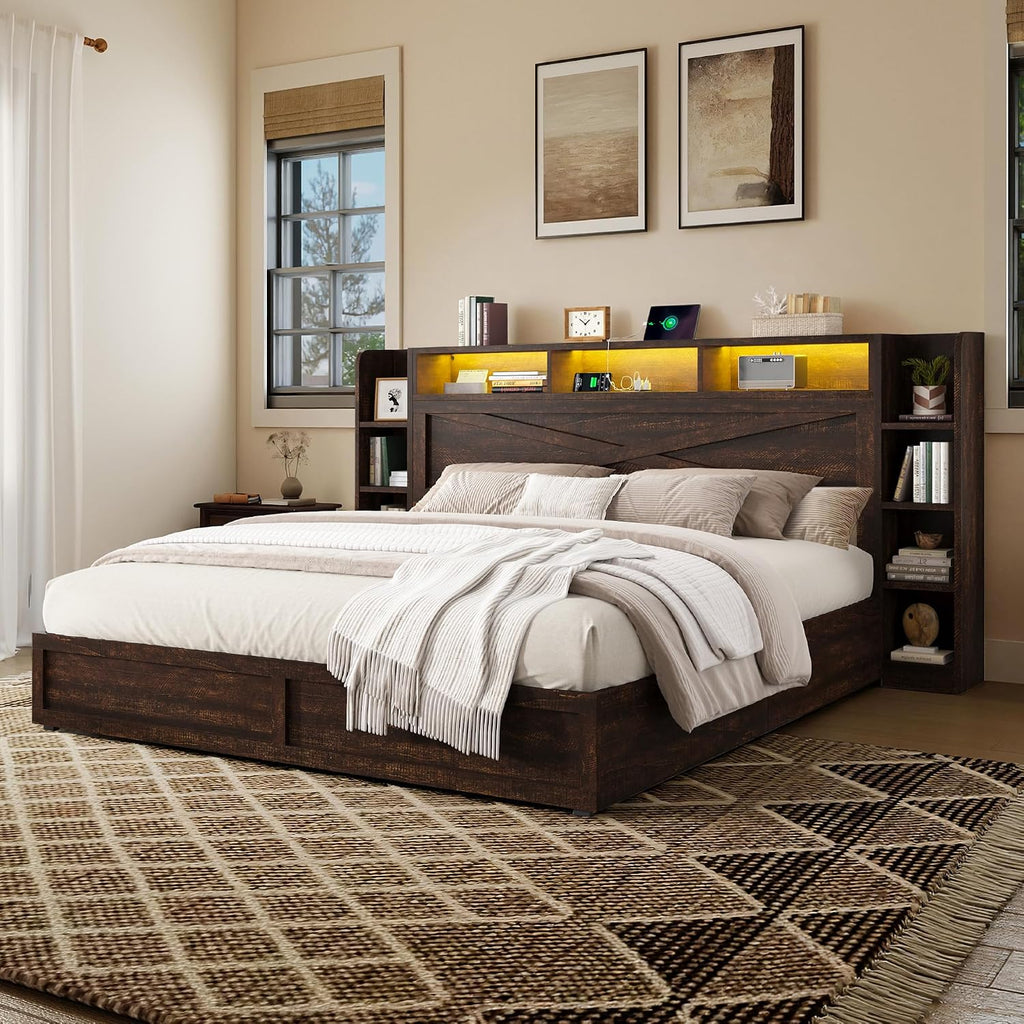 AMERLIFE 45'' Farmhouse King Bed Frame with 4 Drawers, LED Bed Frame with Bookcase Headboard & Side Shelves, Wood Platform Bed with Charging Station, Walnut