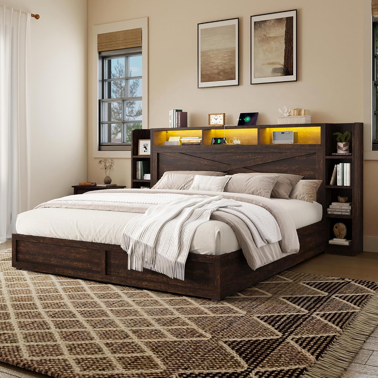 AMERLIFE 45'' Farmhouse King Bed Frame with 4 Drawers, LED Bed Frame with Bookcase Headboard & Side Shelves, Wood Platform Bed with Charging Station, Walnut