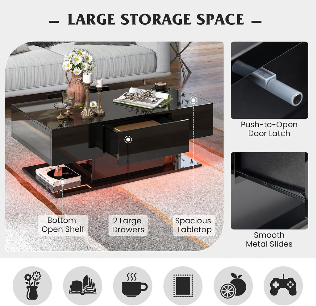 Tangkula LED Coffee Table with 2 Drawers, High Glossy Modern Center Table, 20-Color Dimmable LED Lights & Remote Control, 2-Tier Rectangle Coffee Table for Living Room (with Drawer, Black)