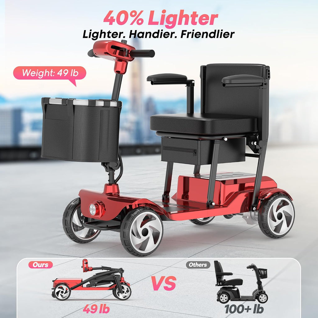 Mobility Scooters, Lightweight Electric Scooters for Seniors&Adults | 49lb Aluminum Frame with Removable Battery, Foldable Motorized Scooters for Trips, Shopping, Daily Use, Race Red, 10 Ah
