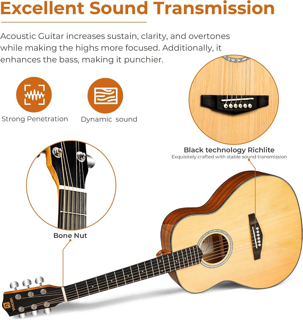 Vangoa 3/4 Acoustic Guitar Kit, 36 Inch Acustica Guitarra Dreadnought Bundle for Beginner Adult Youth Travel With Steel String Spruce Wood Gig Bag Tuner Pickguard, Right Hand