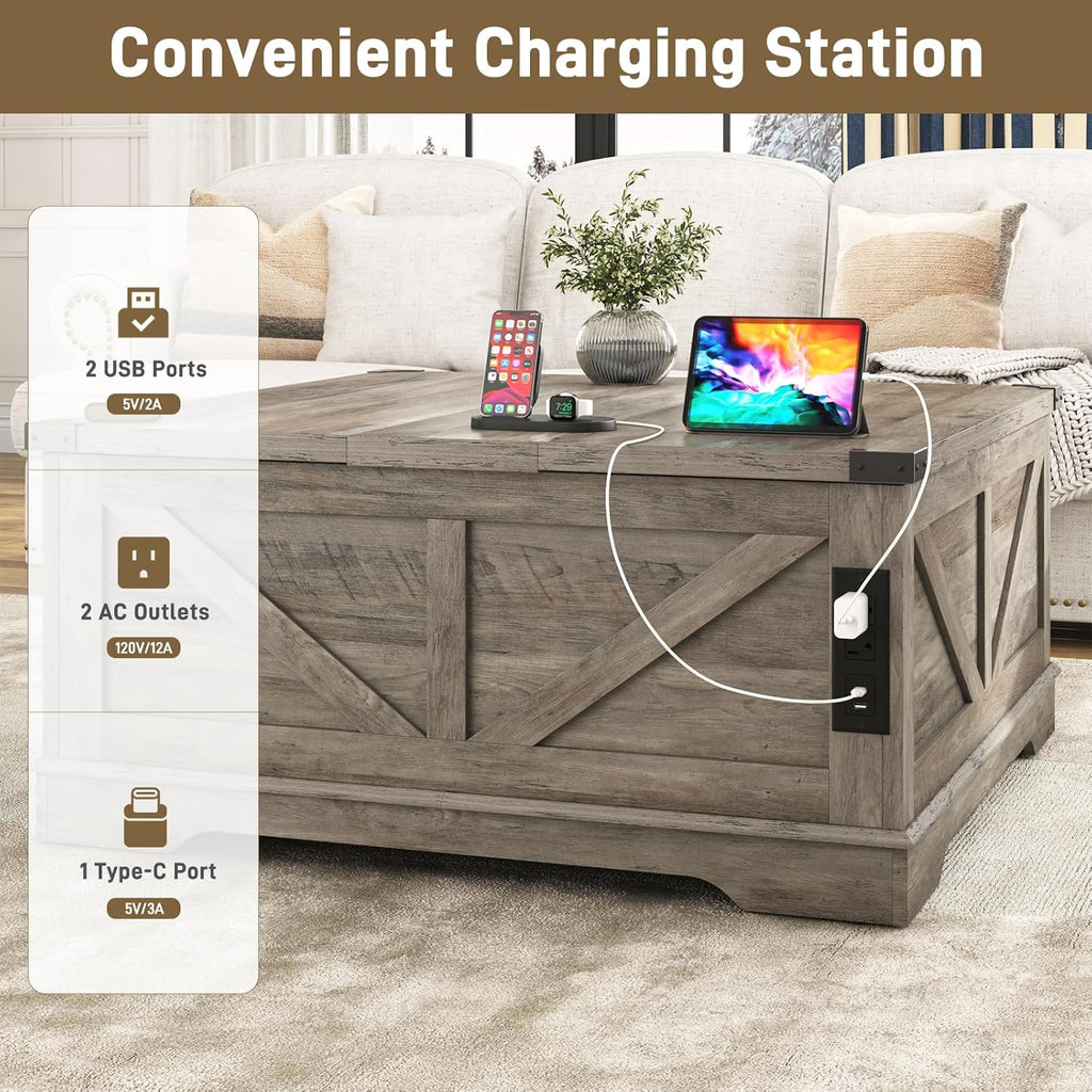 Hlivelood 40' Large Farmhouse Lift Top Coffee Table with Power Outlets and Large Hidden Storage, Square Wood Living Room Tables, Multi-Function Lift Wooden Barn Door Center Table, Grey