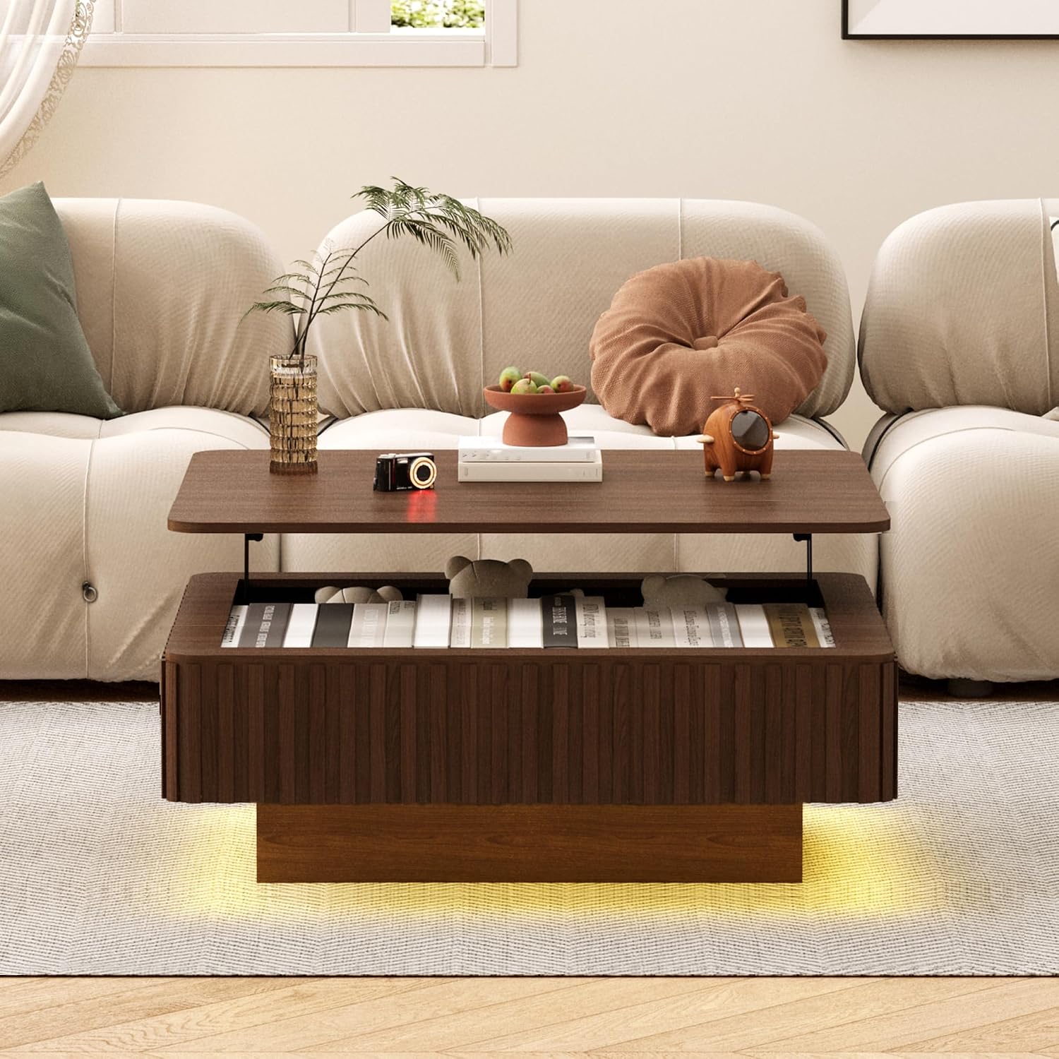 MAGIC UNION 35.4' Square Fluted Lift Top Coffee Table with Storage, Large Mid Century Modern Coffee Table with LED Lights & Charging Station, Center Table for Living Room, Home Office, Walnut