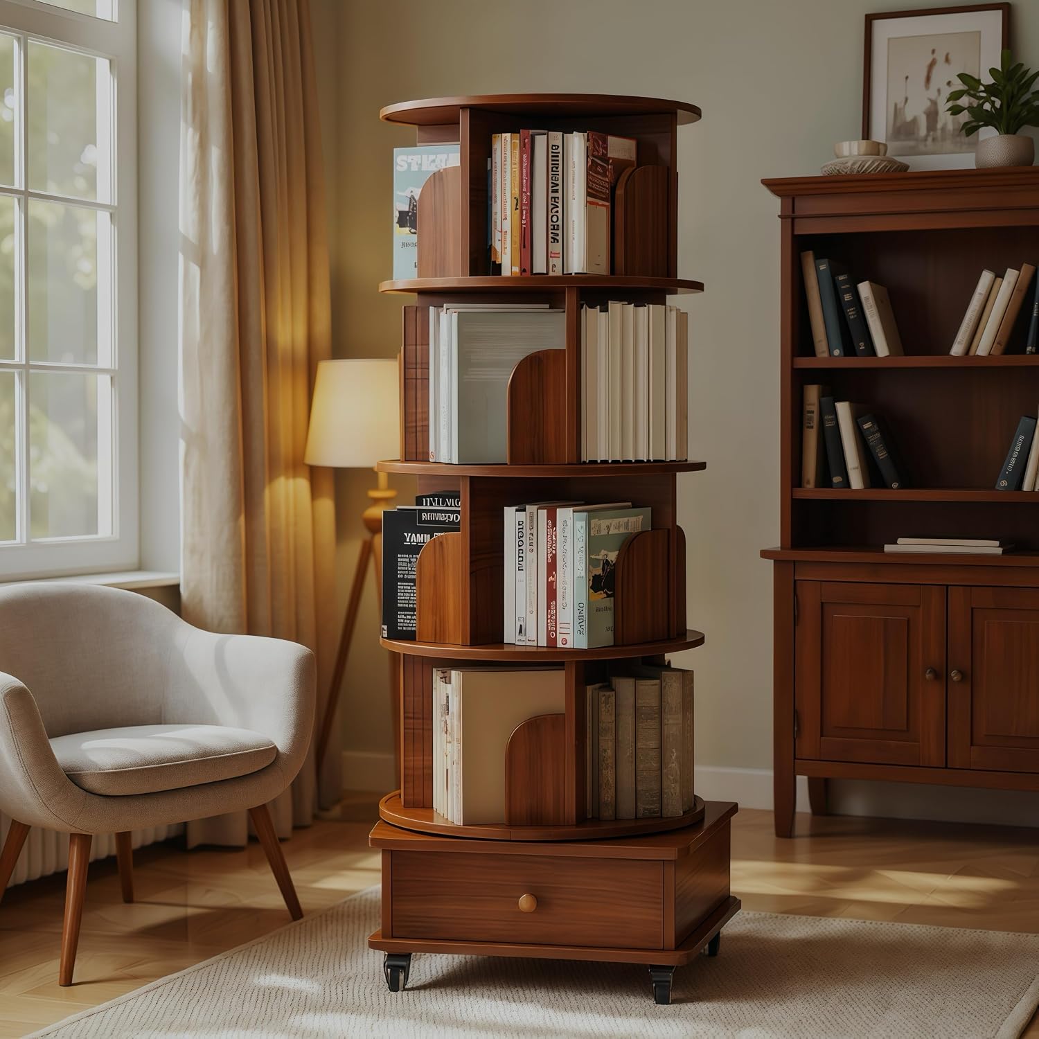KEIKI 5 Tie Rotating Bookshelf with Drawers On Wheel, Corner Bookcase Display Shelf for Small Space, 360 Display Corner Bookshelf for Bedroom, Living Room, Study Room, Walnut Brown