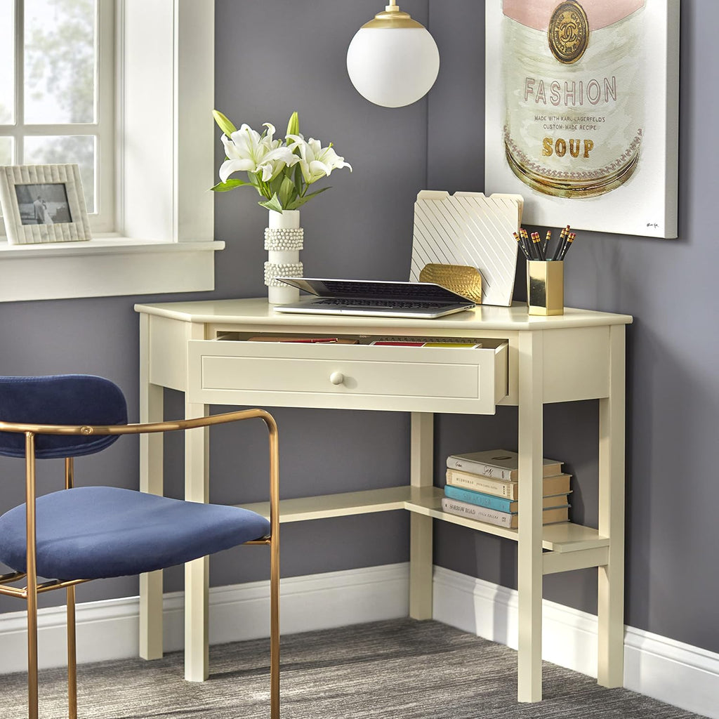 Ellen Wood Small Corner Desk with Wooden Knob Storage Drawer and Shelf – Compact Computer Table for Home Office, Bedroom, or Study (Antique White)