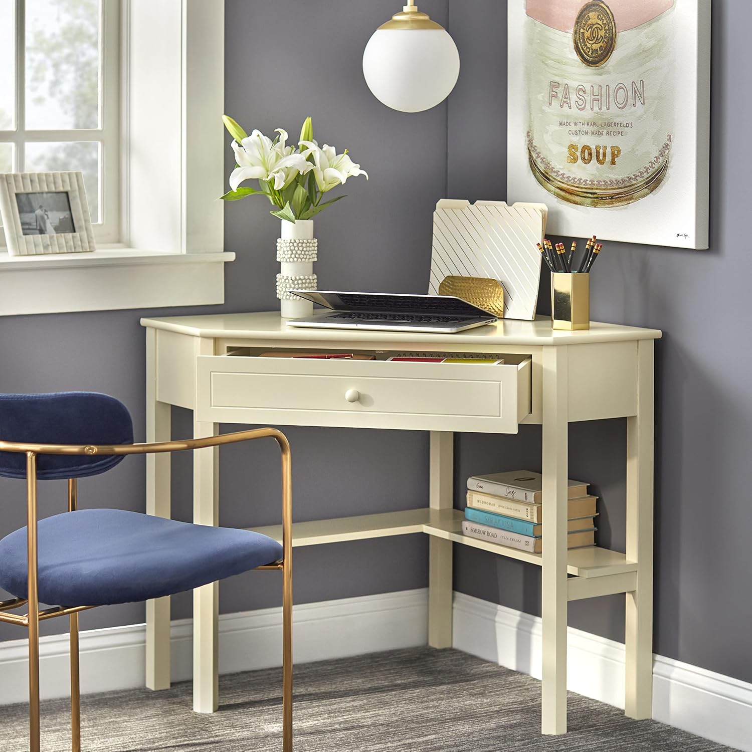 Ellen Wood Small Corner Desk with Wooden Knob Storage Drawer and Shelf – Compact Computer Table for Home Office, Bedroom, or Study (Antique White)