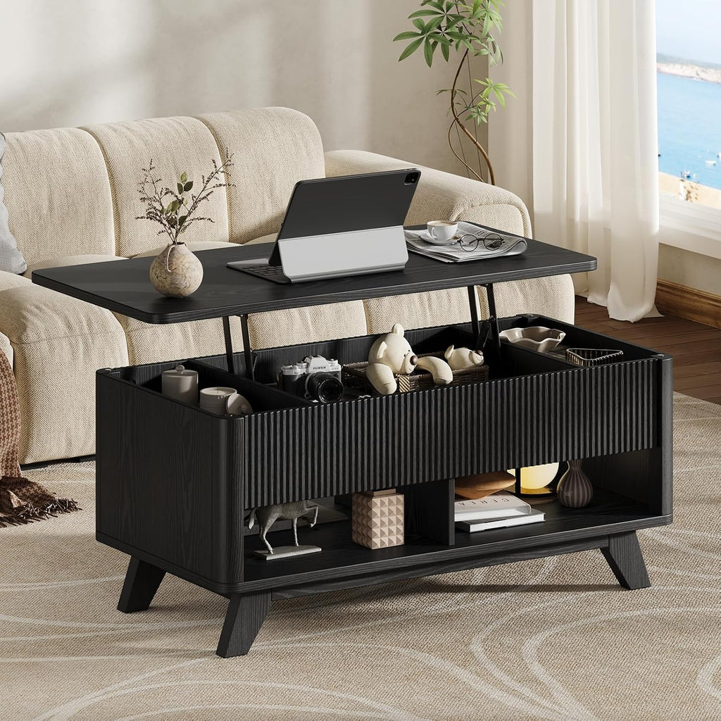 ONBRILL Farmhouse Lift Top Coffee Table, Mid Century Modern Coffee Table with Hidden Storage Compartment, Fluted Rising Pull up Wood Modern Center for Living Room, Office, Black