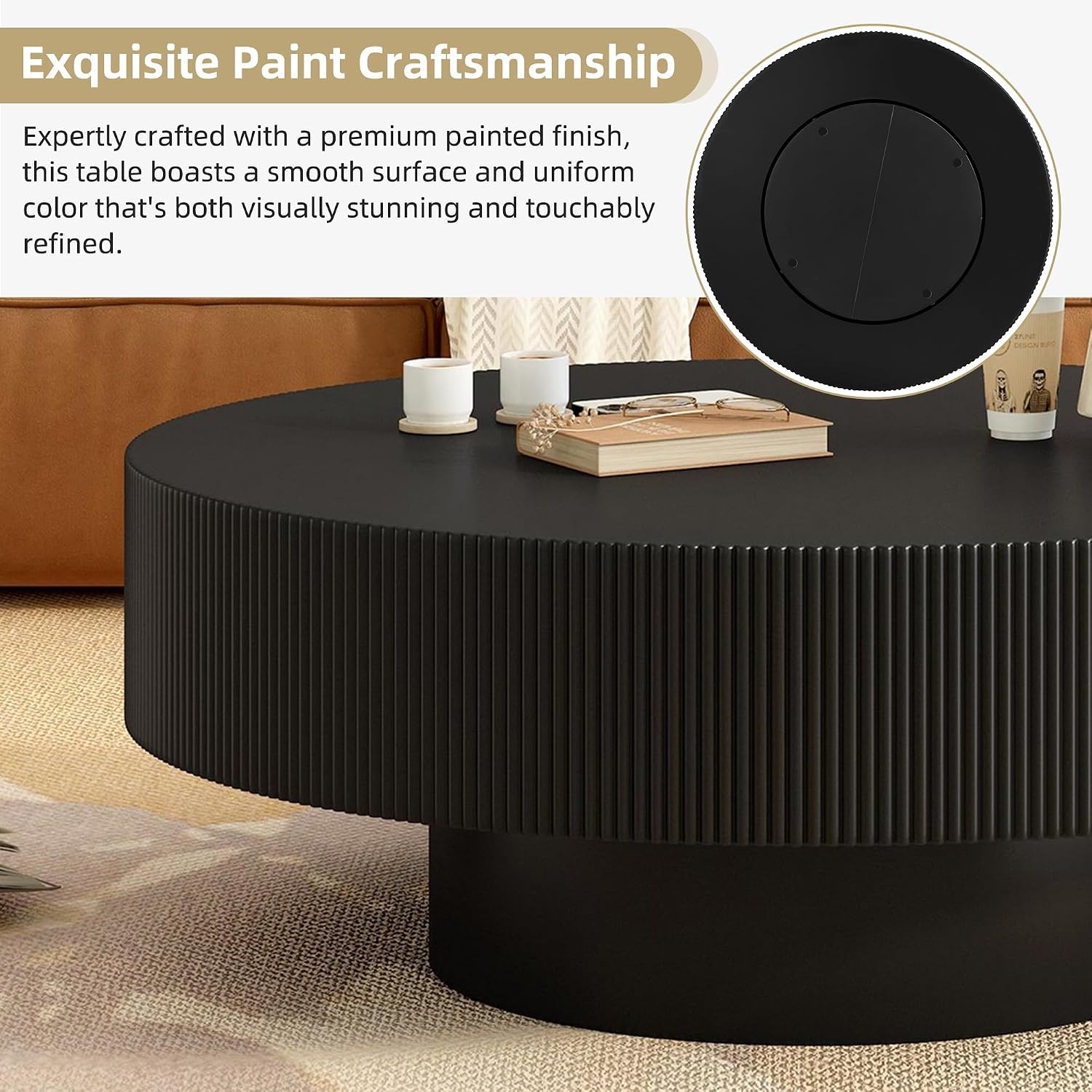 LUMISOL Round Fluted Coffee Table for Living Room, 35.4'' Center Table with Thick Tabletop, Wave Design Drum Tea Table with Sturdy Base, Black