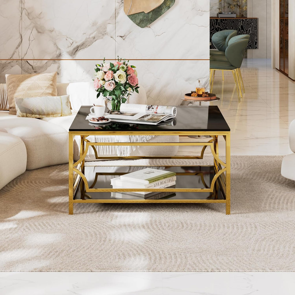 Flieks Square Glass Coffee Table in 33.5',Luxurious Geometric Metal Frame,Gold Finish & Lower Shelf