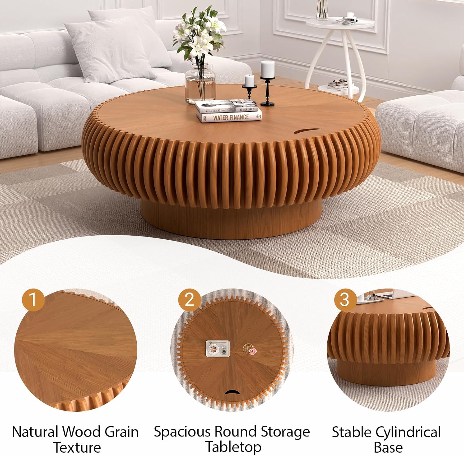 Drum Coffee Table with Hidden Storage, Modern Round Coffee Table for Living Room Circle Center Table with Solid Wood Fluted Veneered, Accent Tea Table for Small Space Apartment (Brown 39.37 inch)