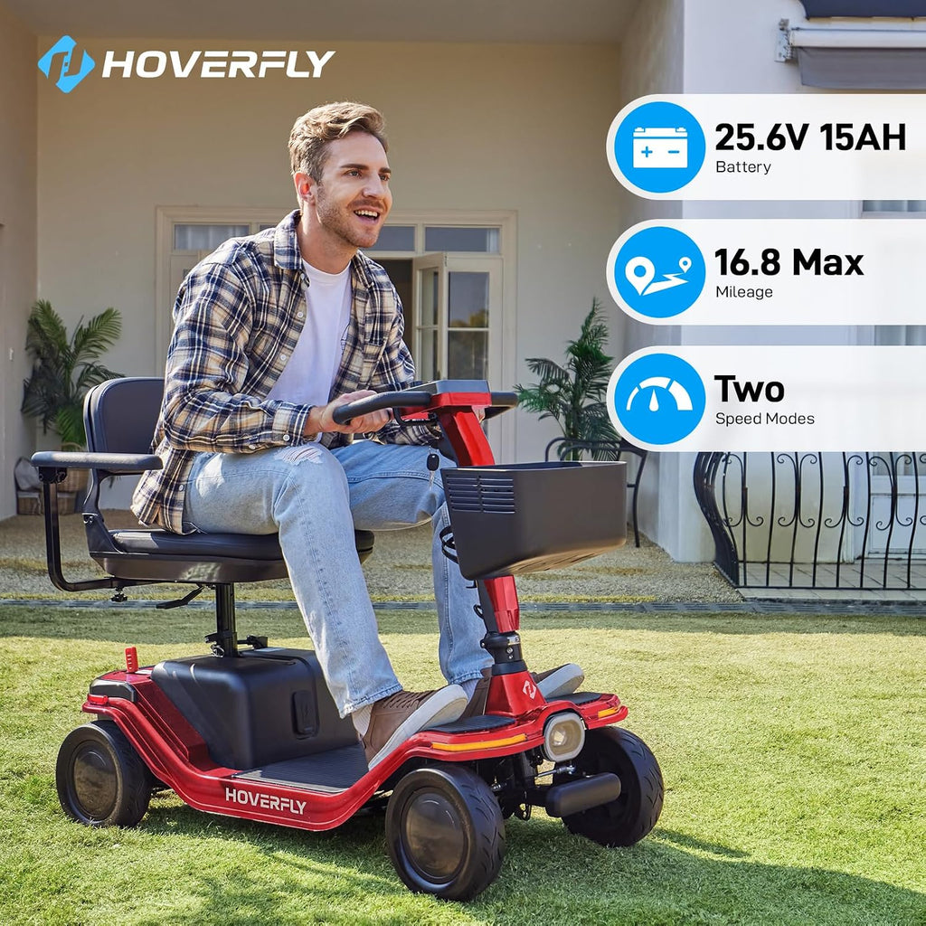 Hoverfly T5 Mobility Scooter for Seniors, Max 16.8-Mile Range & 5 mph, 3-Position Seat & Anti-slip Rear Wheel, Removed Battery & Quick Fold Design, Solid 9' Tire &330 lb Capacity, Ease of Assembly Red
