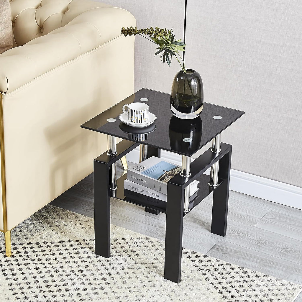 Glass Coffee Table Set of 3, Modern Black Living Room Tables, Coffee and End Tables, 3pcs Coffee Table Set for Living Room (All Black Set of 3)