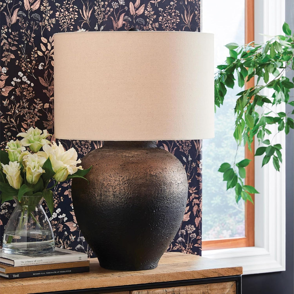 Signature Design by Ashley Newgerhard Industrial Table Lamp with 3-Way Switch and Drum Shade, Dark Brown & Black