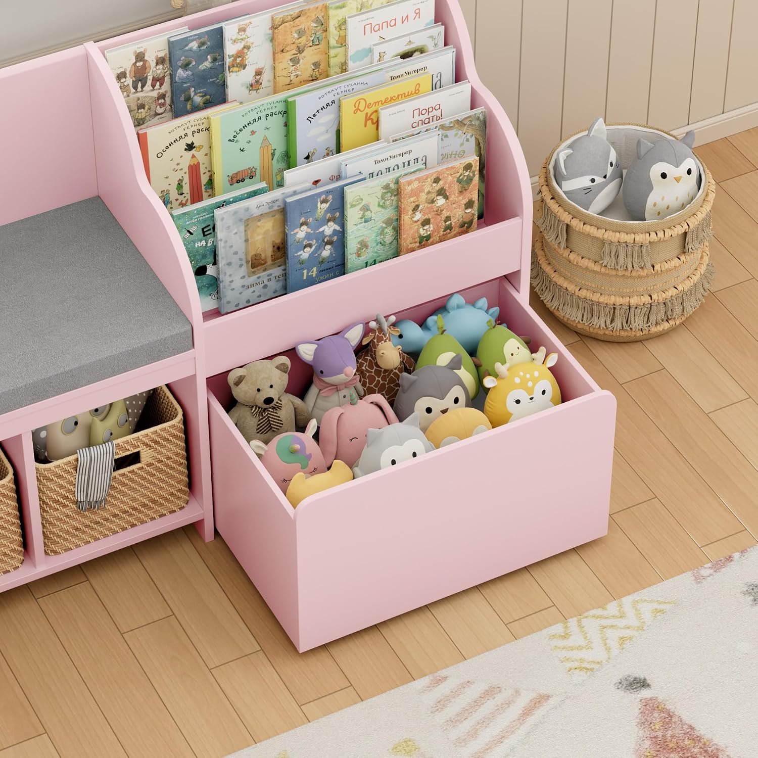 HOSTACK 67' W Kids Reading Nook with Toy Storage Organizer, Large Kids Bookshelf with Toy Storage Box on Wheels, Big Kid Bookcase with Bench and 6 Open Cubbies for Playroom, Kid Room, Pink