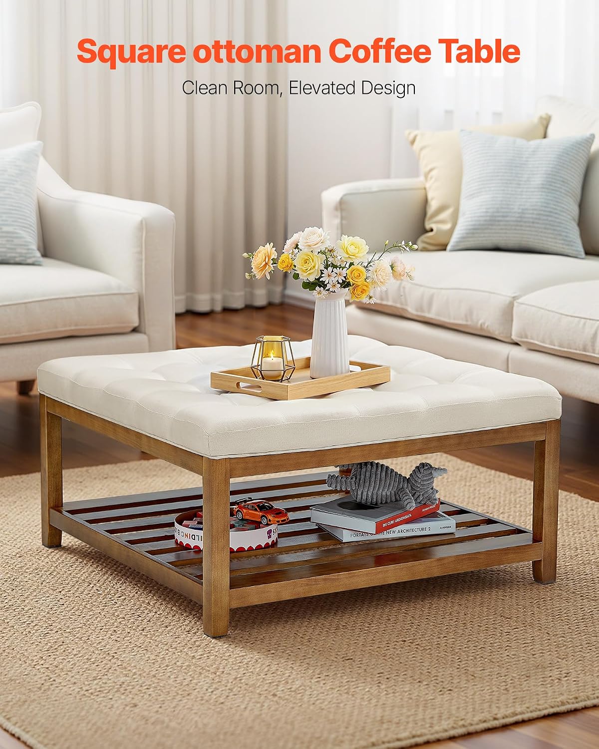 VEVOR Large Square Ottoman Coffee Table, 34.5 Inch Tufted Coffee Table with Solid Wood Shelf Storage, Linen Solid Upholstered Footrest Ottoman for Bedroom Living Room, 400 LBS, Off-White