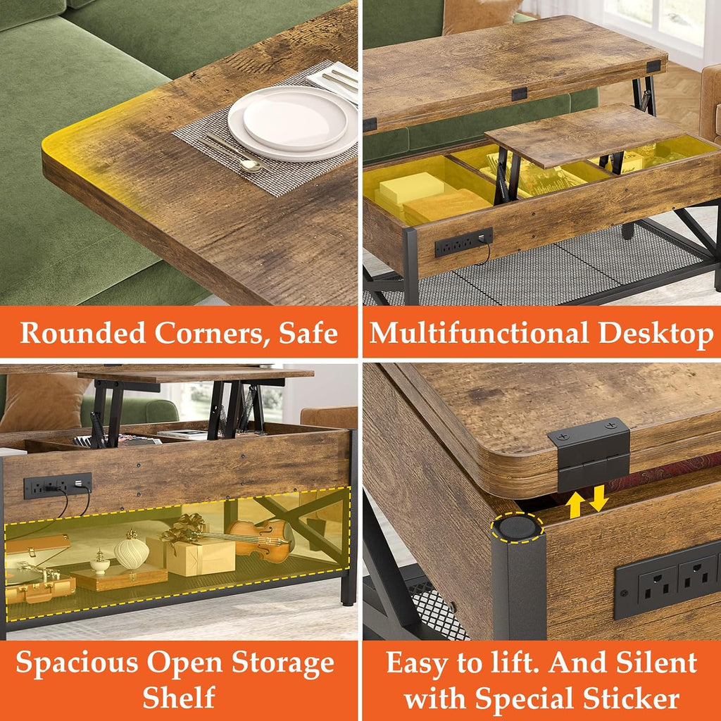 Aheaplus Coffee Table Lift Top with LED Light and Power Outlet, Multi-Function Coffee Table Converts to Dining Table, Center Table with Shelves for Living Room Reception Home Office, Rustic Brown