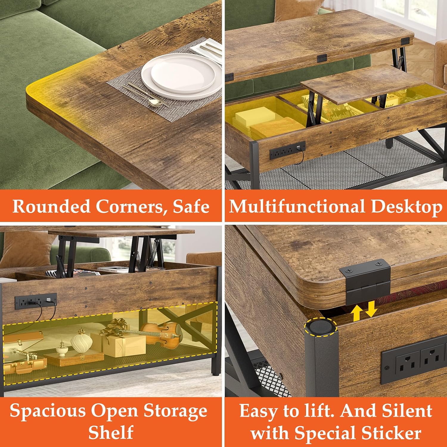 Aheaplus Coffee Table Lift Top with LED Light and Power Outlet, Multi-Function Coffee Table Converts to Dining Table, Center Table with Shelves for Living Room Reception Home Office, Rustic Brown