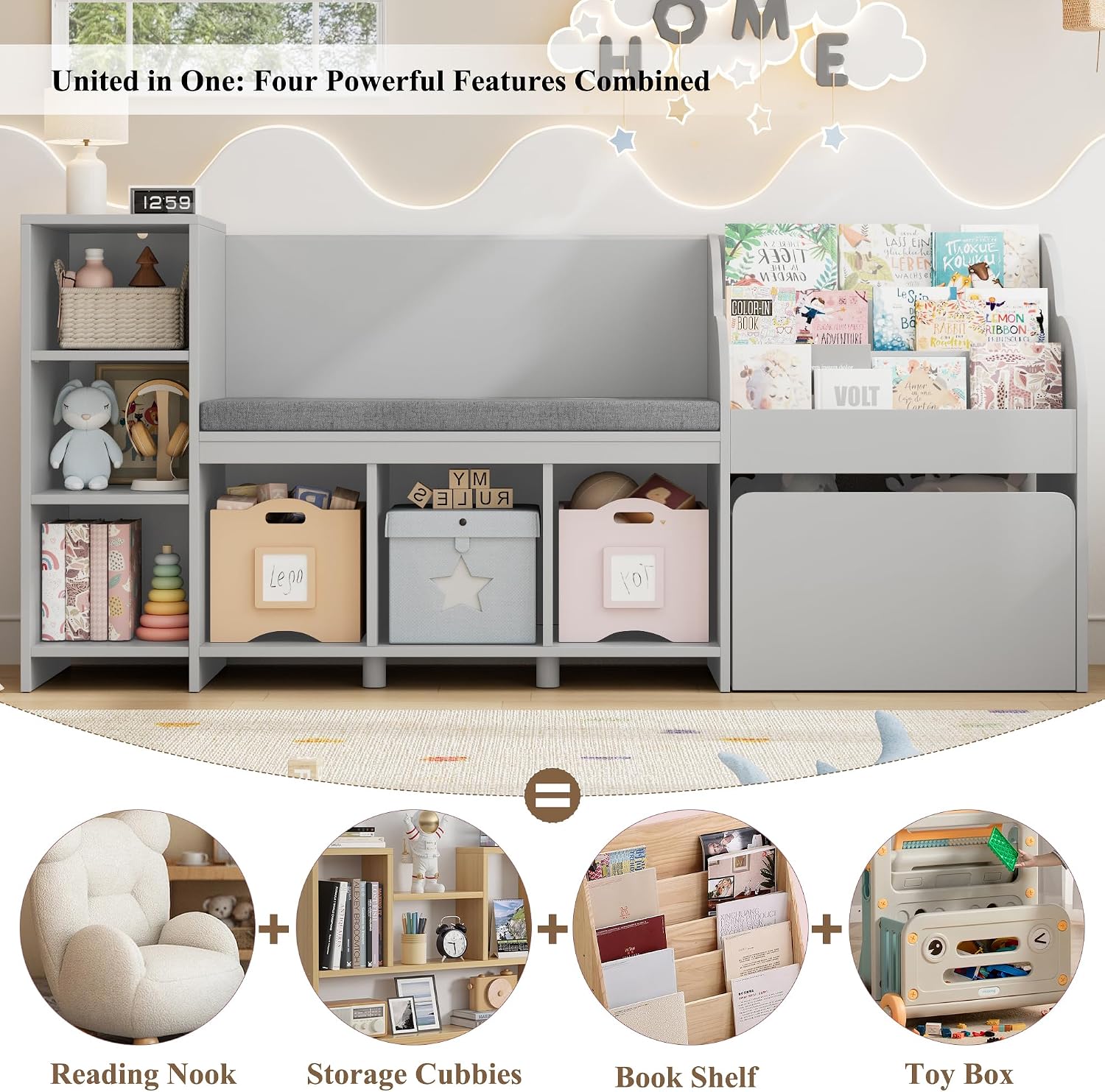 HOSTACK 67' W Kids Reading Nook with Toy Storage Organizer, Large Kids Bookshelf with Toy Storage Box on Wheels, Big Kid Bookcase with Bench and 6 Open Cubbies for Playroom, Kid Room, Grey