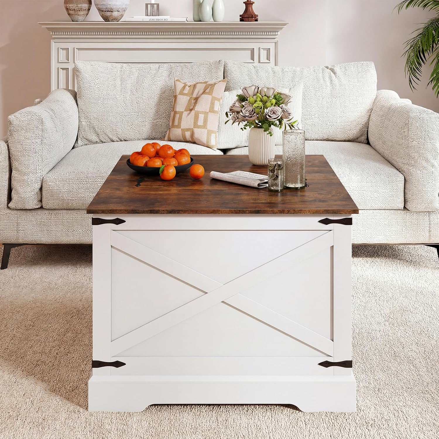 Giantex Farmhouse Lift Top Coffee Table, 31.5' Square Wood Center Table with Large Hidden Storage Compartment & Hinged Lift Top, Accent Cocktail Tea Table, Rustic Living Room Tables (Rustic Brown)