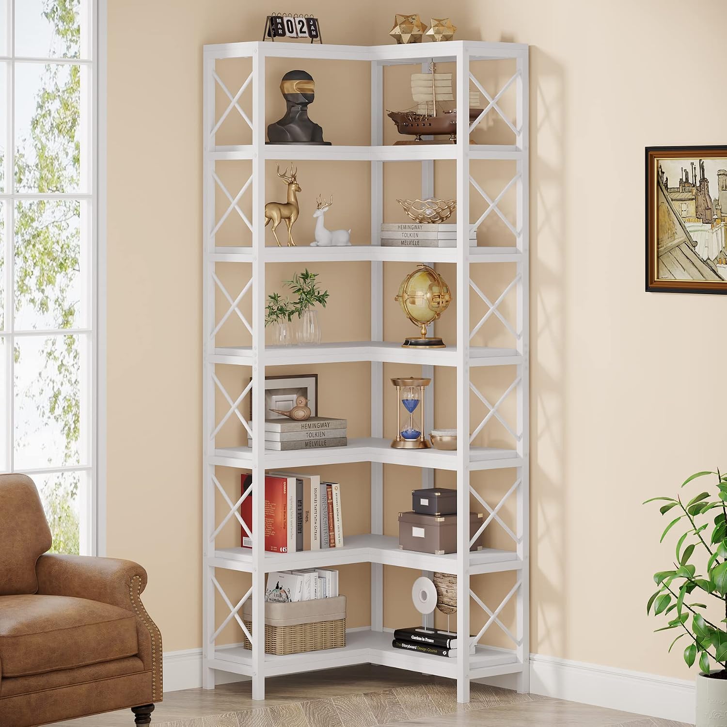 LITTLE TREE 7-Tier Tall Corner Book Shelf,White Corner Bookshelf, Modern Bookcase Metal Storage Shelves for Bedroom Living Room or Home Office