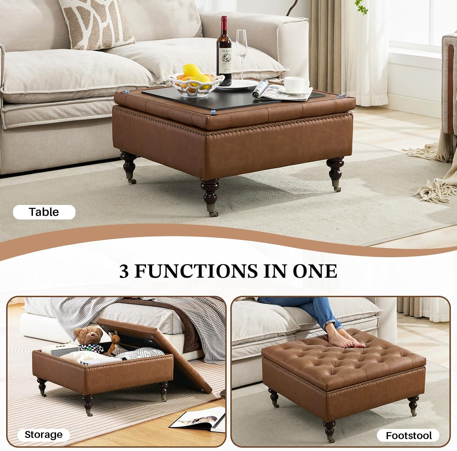 Square Storage Ottoman Coffee Table Tufted Upholstered Large Ottoman with Storage with Rolling Wheels Oversized Footrest Ottomans for Living Room, Brown Faux Leather